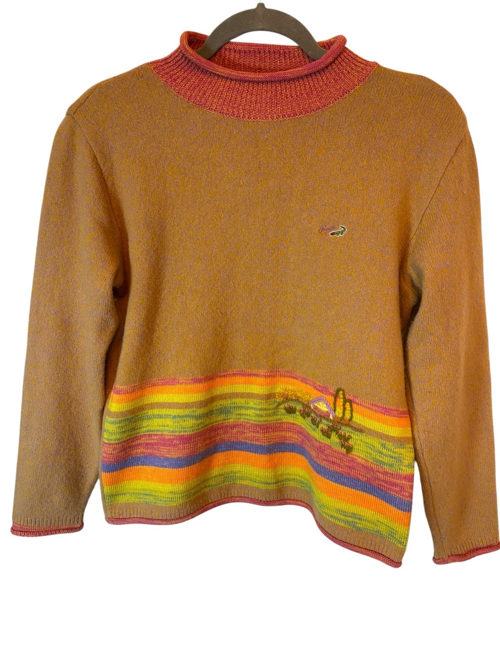 Lacoste Women's mock Turtleneck Sweater Multicolor Hem Stripes fits Size Small